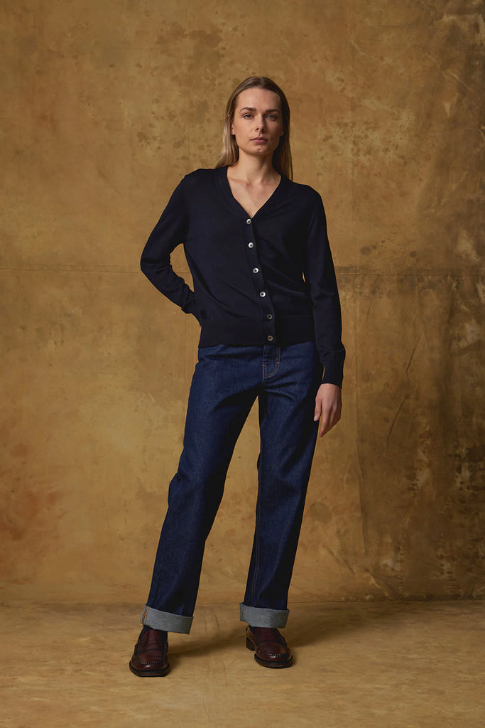 Standard Issue Merino V Neck Cardigan Navy on model