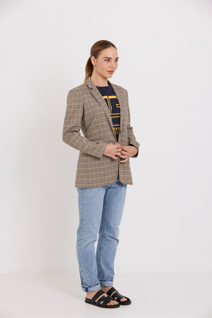 Tuesday Label King Blazer Daytona Check worn with navy Band tee and jeans