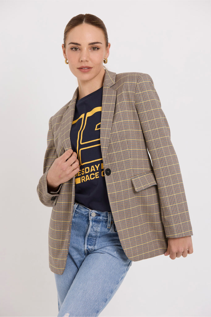 Tuesday Label King Blazer Daytona Check worn with navy Band tee and jeans