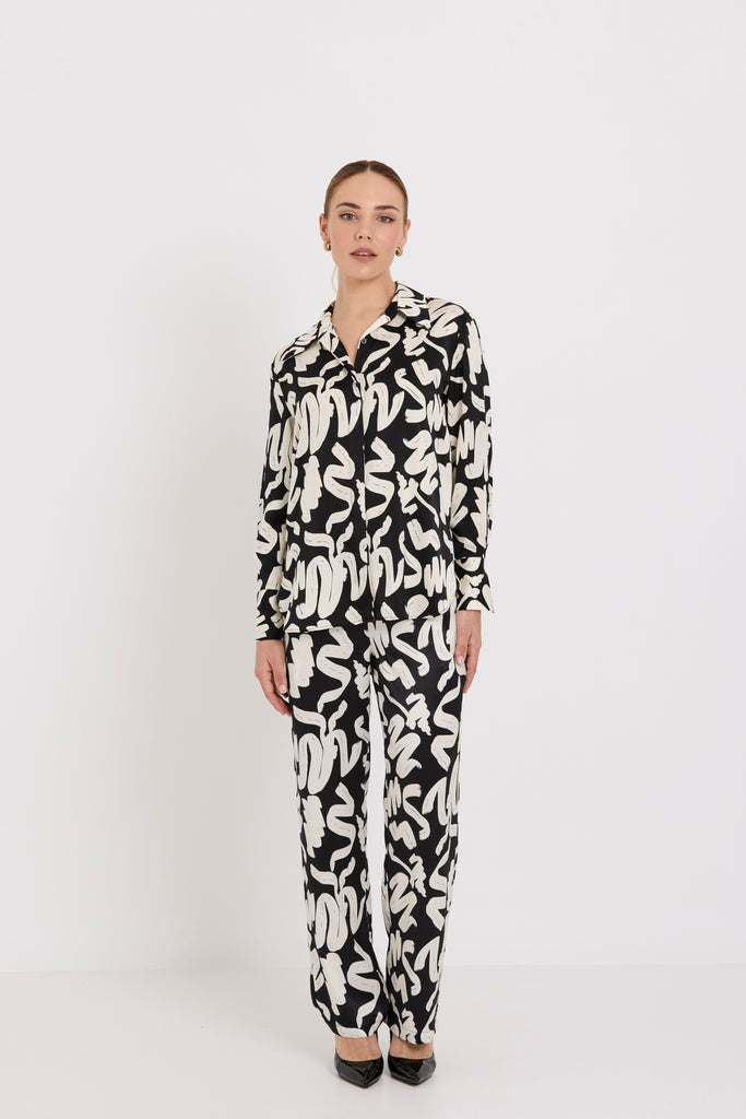 Tuesday Label Coast Pants Brushstroke black and white print on model front view