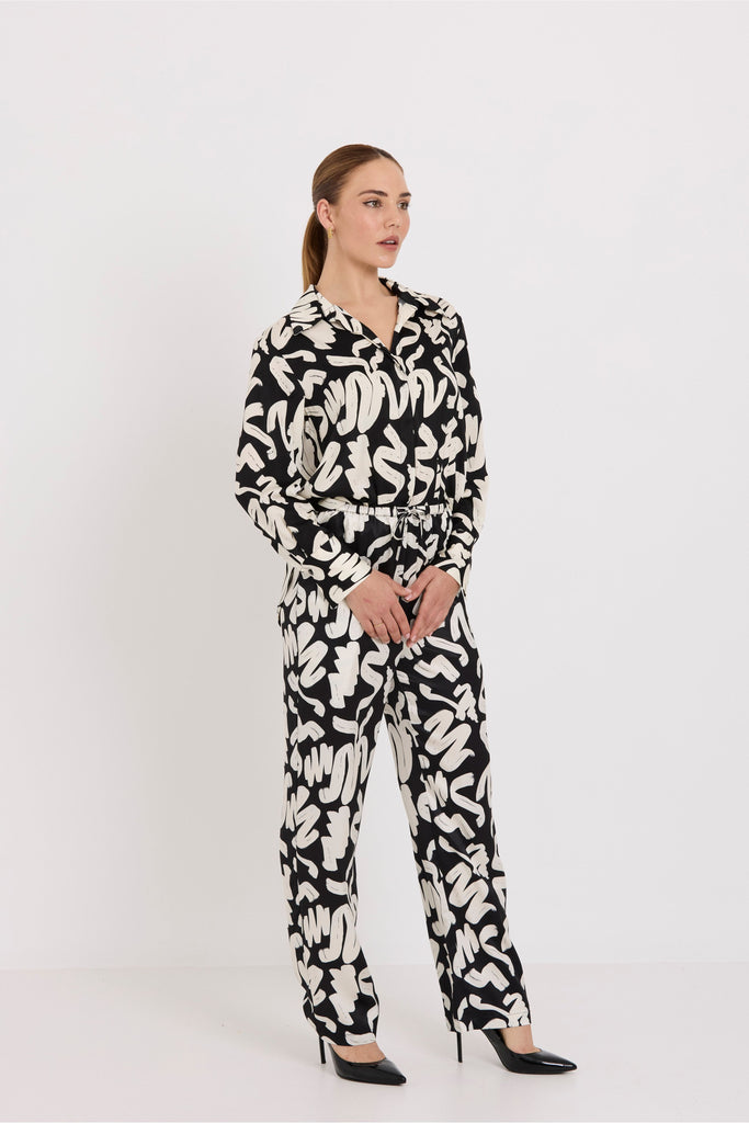 Tuesday Label Coast Pants Brushstroke black and white print on model front view