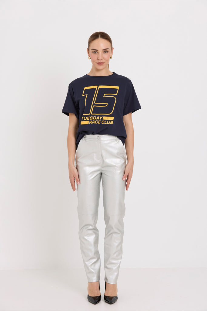 Tuesday Label Band Tee Navy 15 on model with Silver Race Pants
