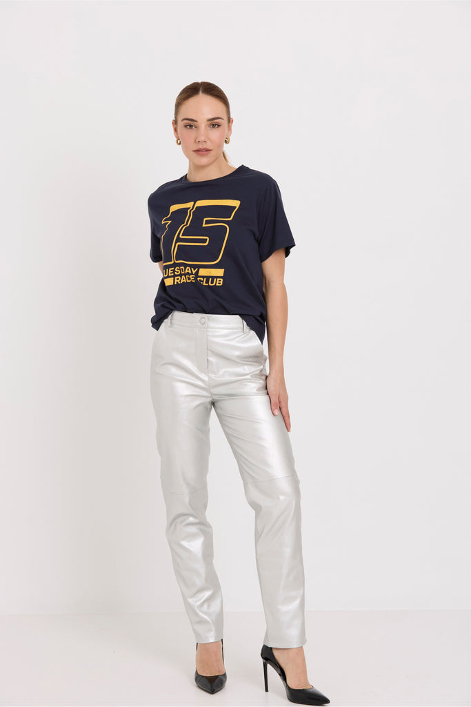 Tuesday Label Band Tee Navy 15 on model with silver race pants