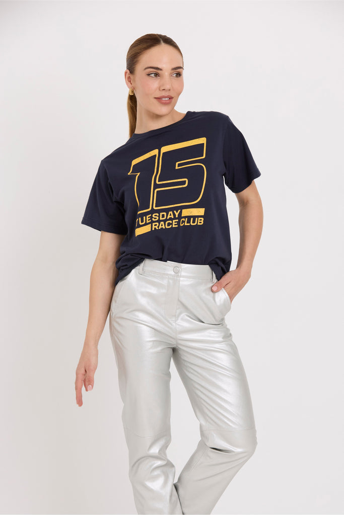 Tuesday Label Band Tee Navy 15 on model with silver race pants