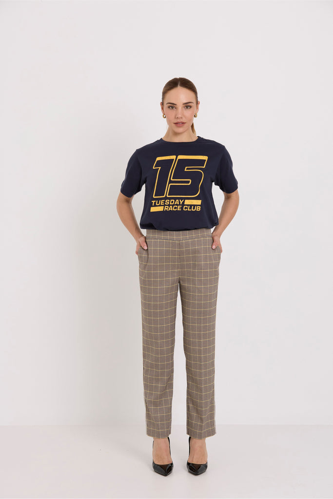 Tuesday Label Band Tee Navy 15 on model with Samantha Pants
