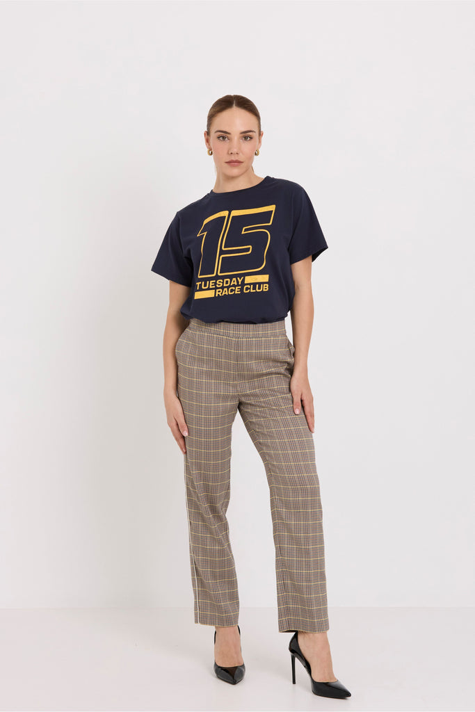 Tuesday Label Samantha Pants Daytona Check worn with Navy 15 Band Tee