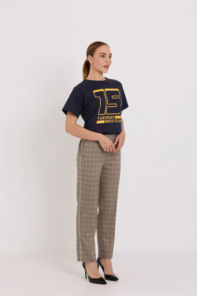 Tuesday Label Samantha Pants Daytona Check worn with Navy 15 Band Tee