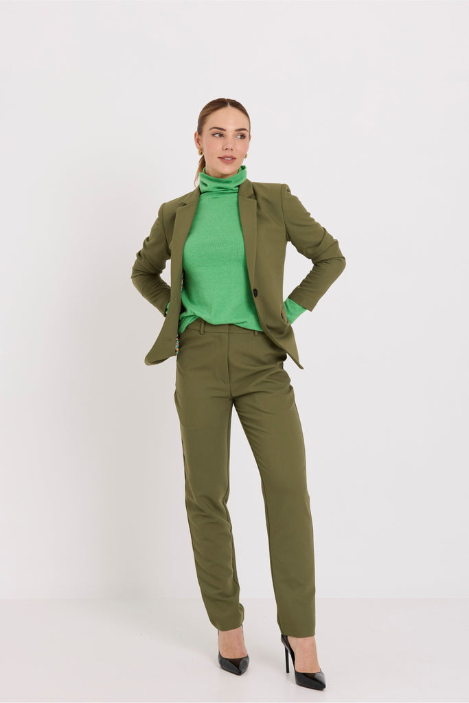 Tuesday Label 88 Pants Olive Green Suiting worn with matching Boyfriend Blazer