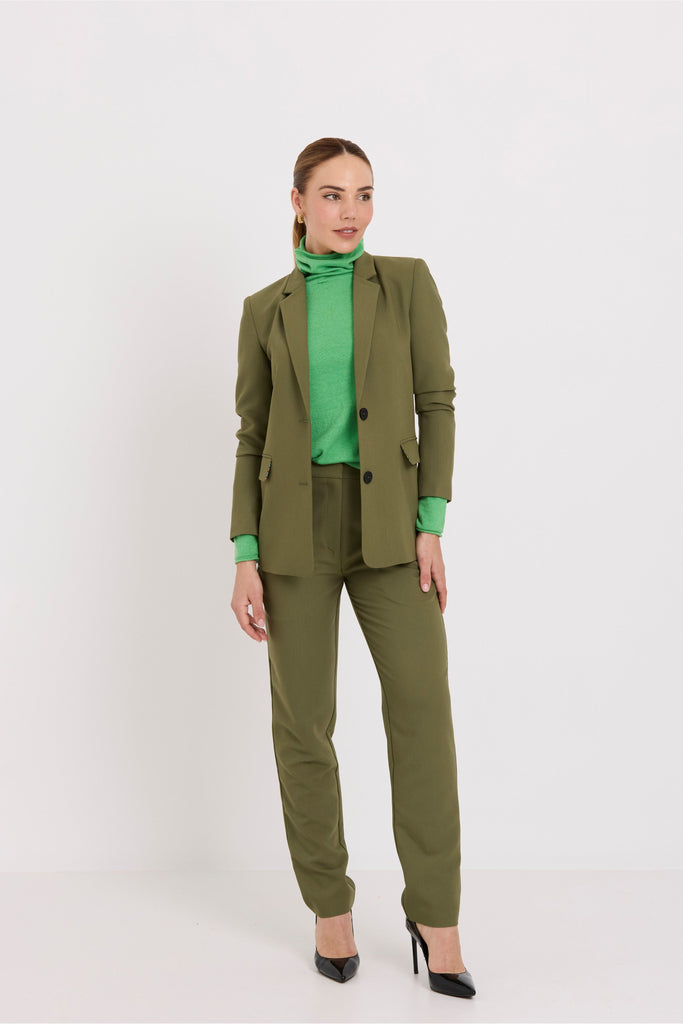 Tuesday Label 88 Pants Olive Green Suiting worn with matching Boyfriend Blazer