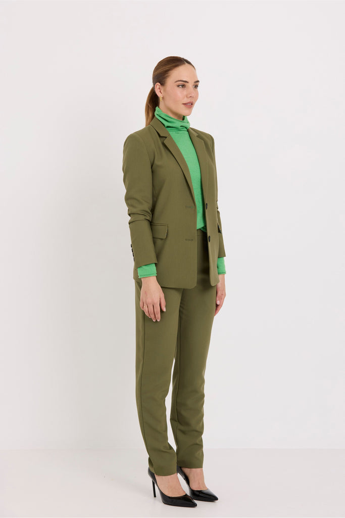 Tuesday Label 88 Pants Olive Green Suiting worn with matching Boyfriend Blazer