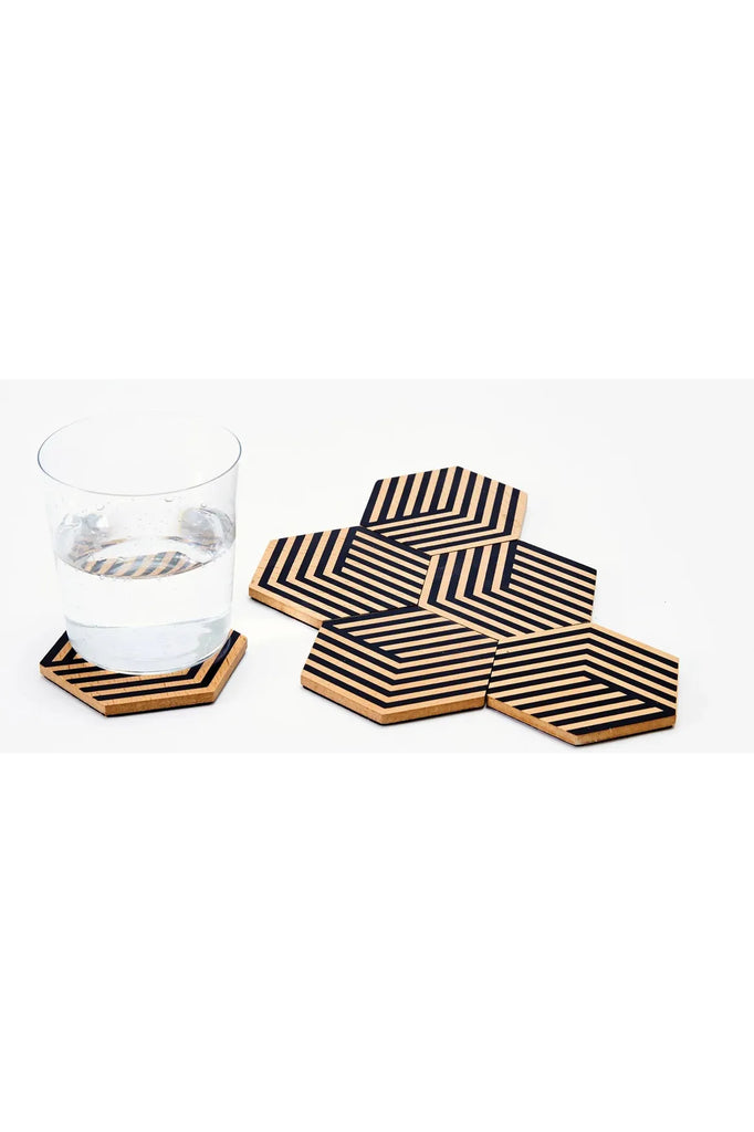 Set of 6 Optic Table Tile Coasters | Black Coasters + Placemats Areaware