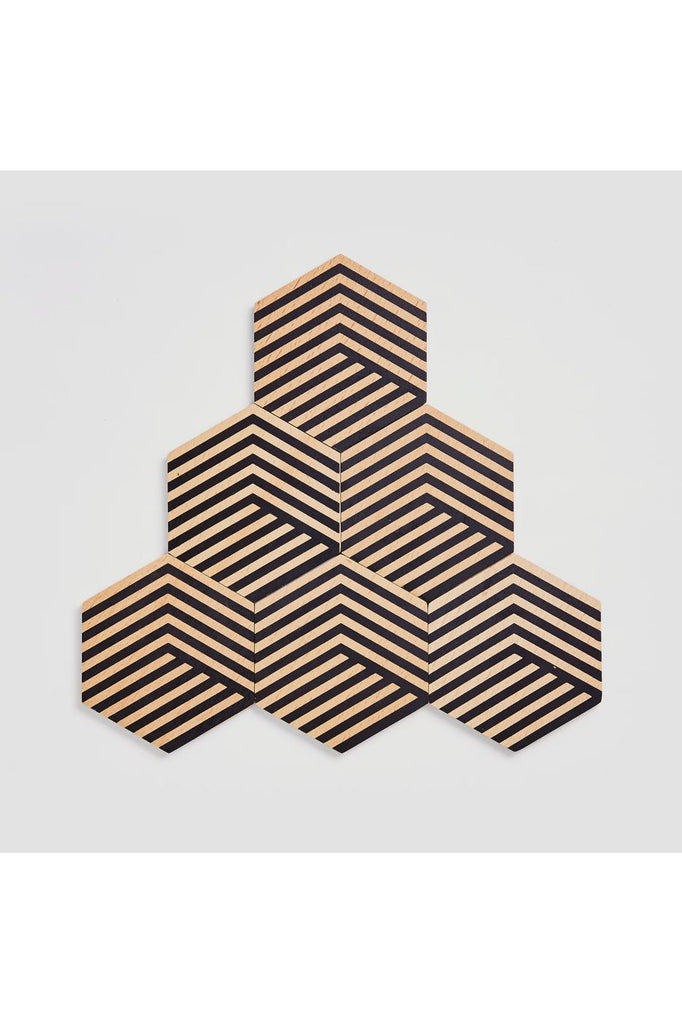 Set of 6 Optic Table Tile Coasters | Black Coasters + Placemats Areaware