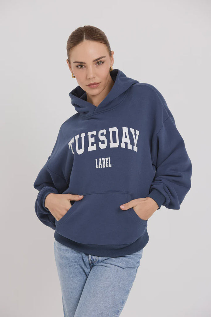 Tuesday Label Athletic Hoodie Navy with Tuesday wording print