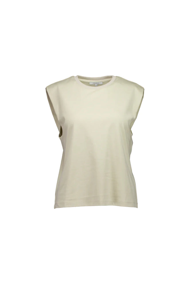 Beige sleeveless tank top on a plain background. Tuesday Noon Tank in Cement.
