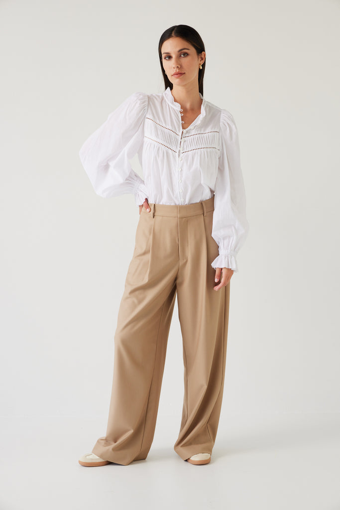 Tuesday Label Lawn Top White on model with camel pant