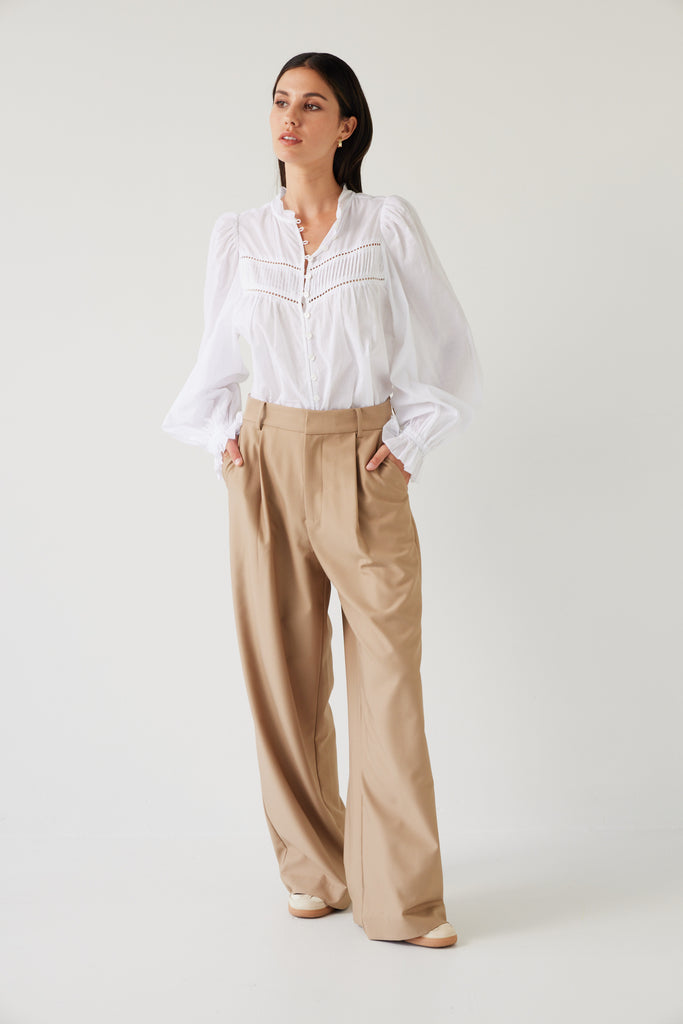 Tuesday Label Lawn Top White on model with camel pant