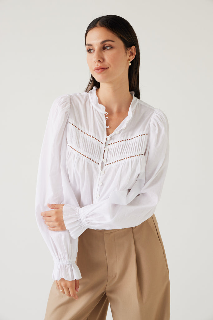 Tuesday Label Lawn Top White on model with camel pant