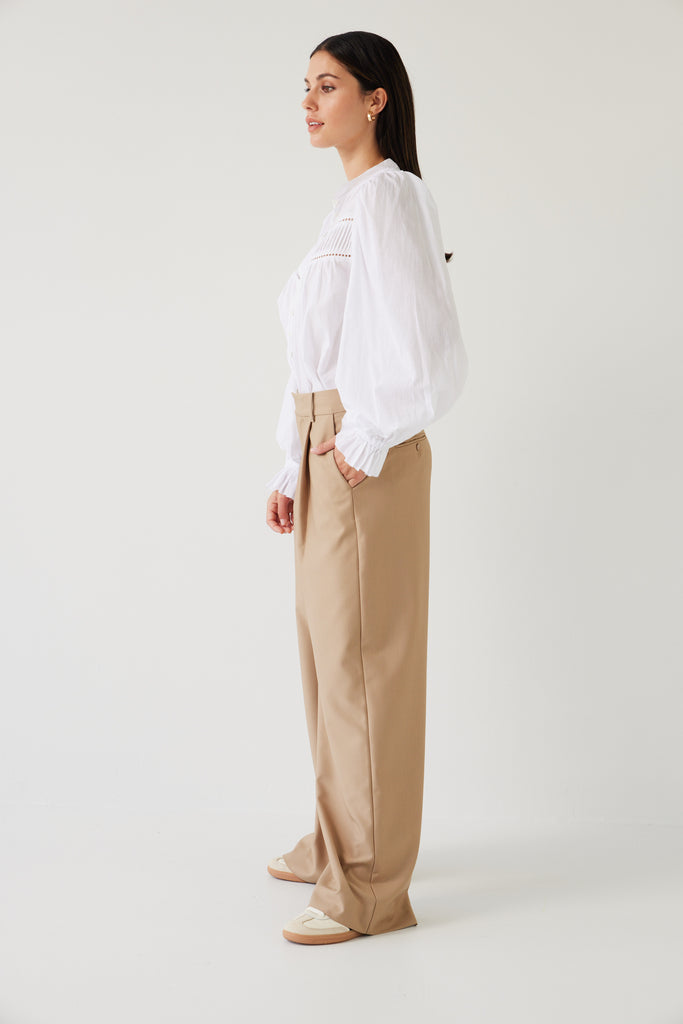 Tuesday Label Lawn Top White on model with camel pant