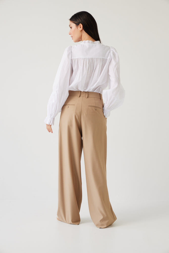 Tuesday Label Lawn Top White on model with camel pant