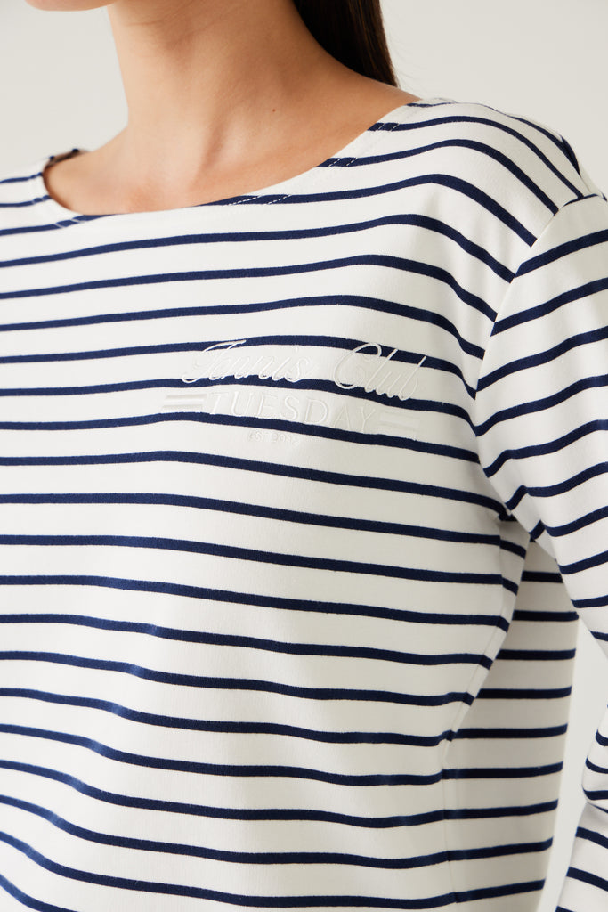 Tuesday Label Satellite Top, sweater, White Colour with navy stripe  close up