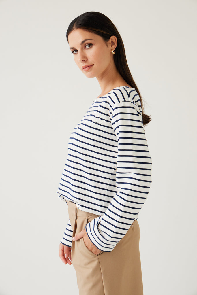 Tuesday Label Satellite Top, sweater, White Colour with navy stripe 