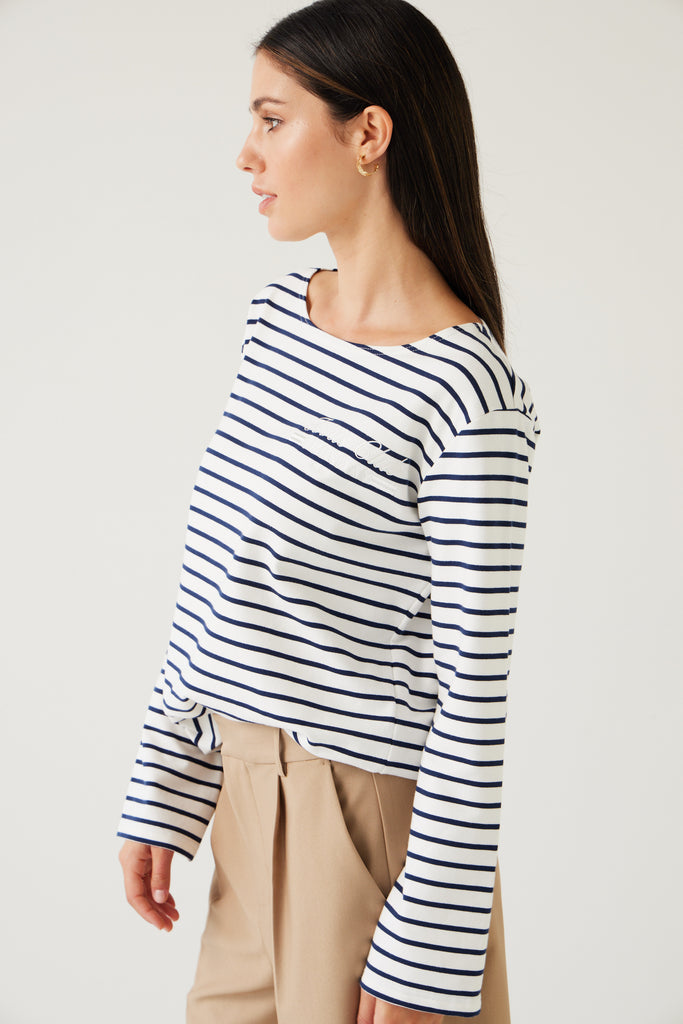 Tuesday Label Satellite Top, sweater, White Colour with navy stripe 