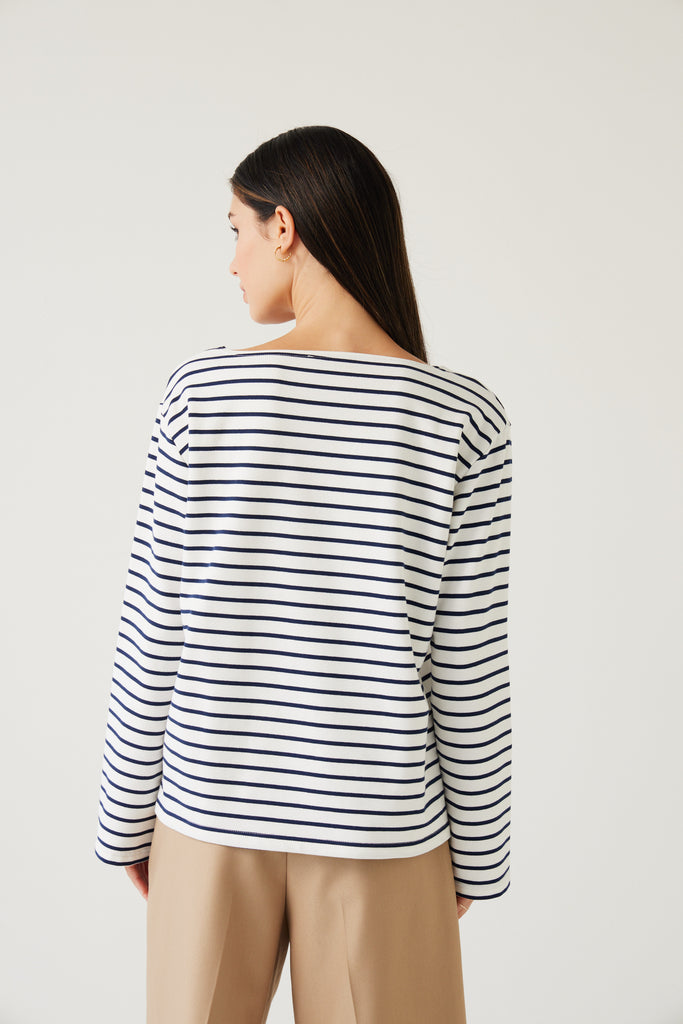 Tuesday Label Satellite Top, sweater, White Colour with navy stripe  back view