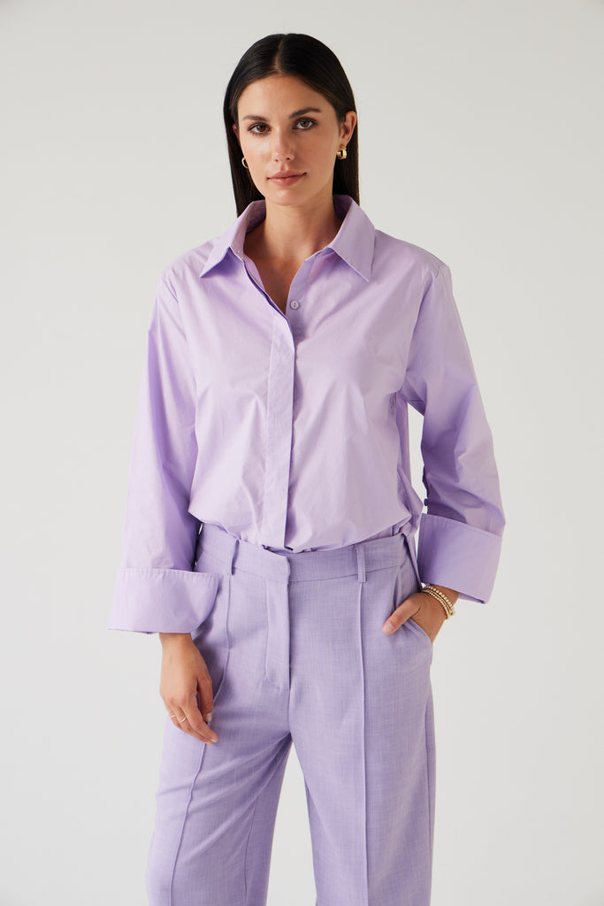 Tuesday Label Mark Shirt Lavender worn with Rose Pants in Lavender