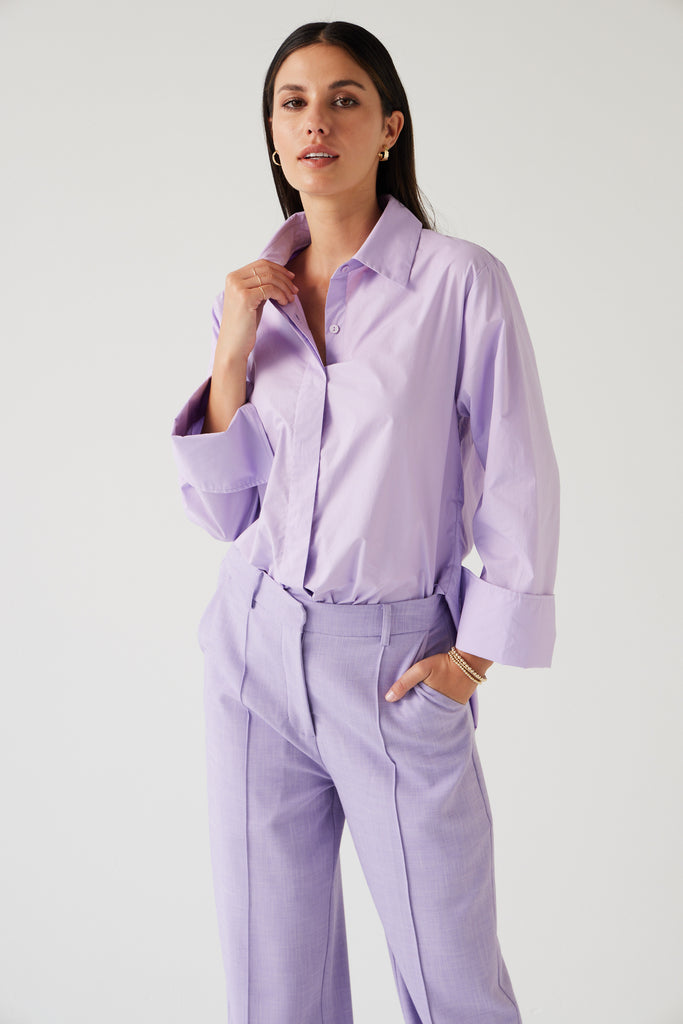 Tuesday Label Mark Shirt Lavender worn with Rose Pants in Lavender