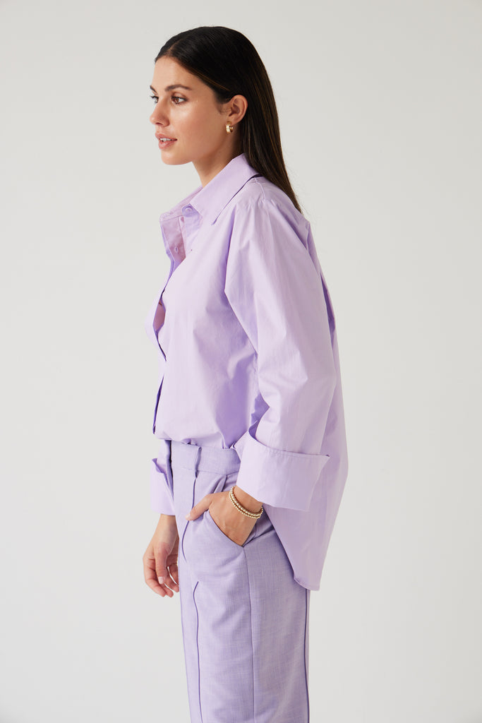 Tuesday Label Mark Shirt Lavender worn with Rose Pants in Lavender