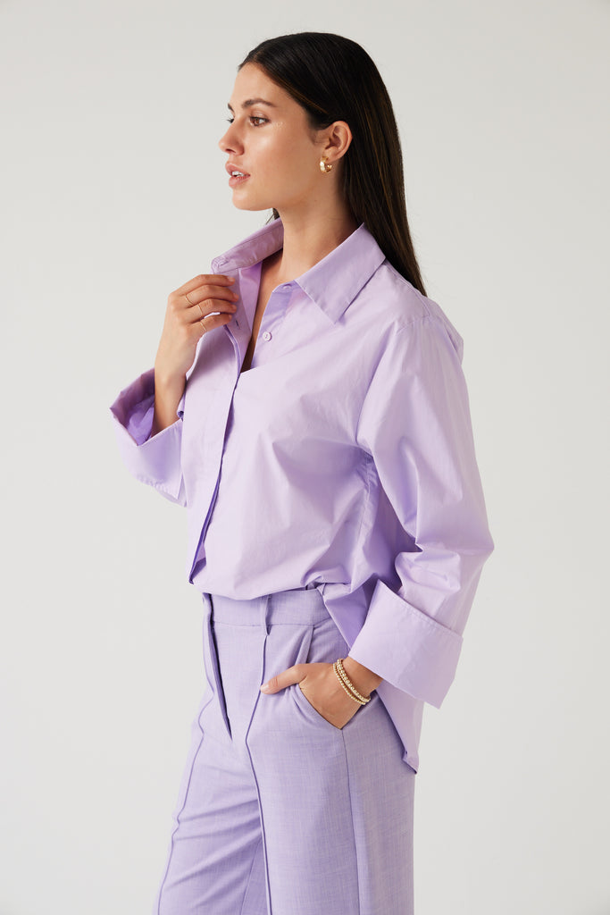 Tuesday Label Mark Shirt Lavender worn with Rose Pants in Lavender