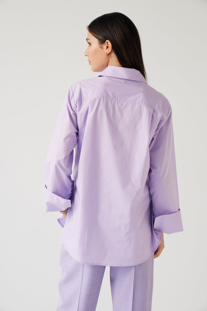 Tuesday Label Mark Shirt Lavender worn with Rose Pants in Lavender