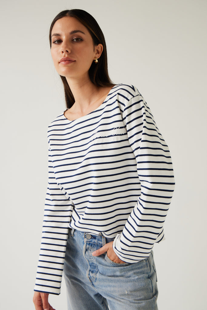 Tuesday Label Satellite Top, sweater, White Colour with navy stripe 