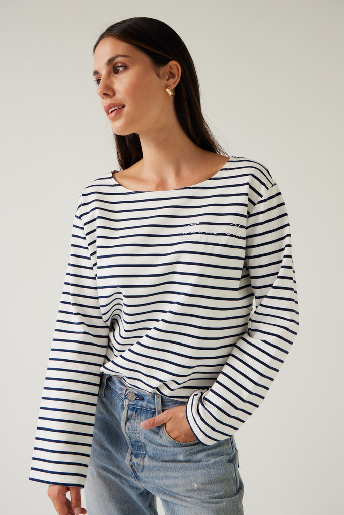 Tuesday Label Satellite Top, sweater, White Colour with navy stripe 