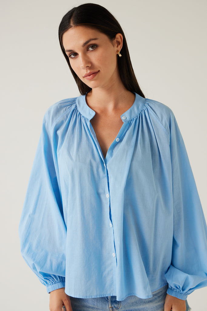   Tuesday Label Pioneer Top, blouse in sky blue on model