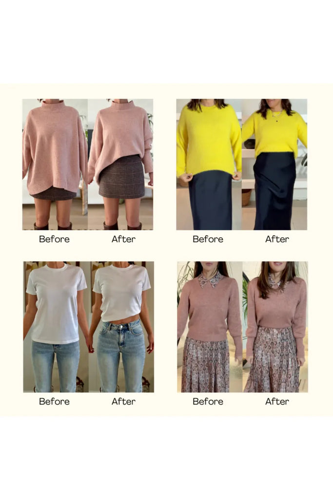 Before and after outfit changes with clothing items like sweaters, skirts, jeans, and shirts using the Under Wunder Body Belt.