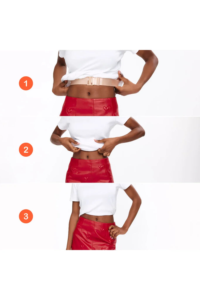 Person wearing a white top and red leather skirt on a white background showing using the Under Wunder Body Belt.