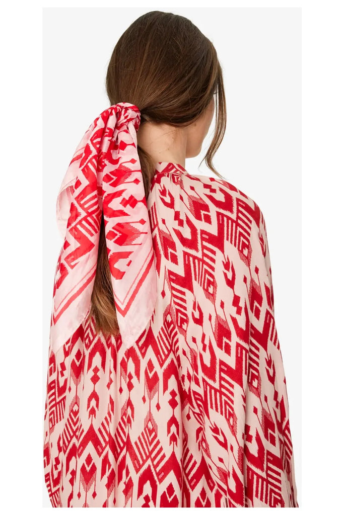 Unmade Katy Square Silk Scarf Red and Rose on model 