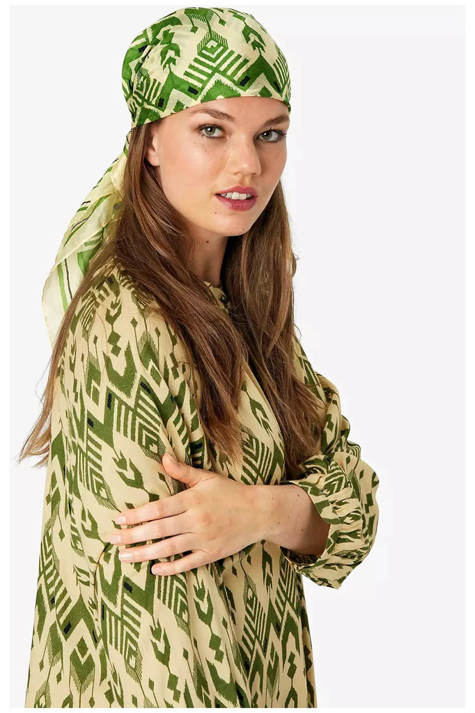 Unmade Square Silk Scarf Katy Off White and Green on model