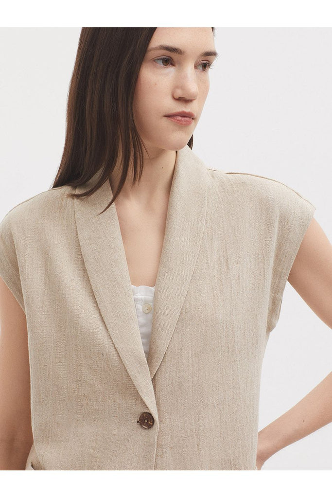 Natural Linen Gilet Light Stone worn with the matching Natural Linen Trouser
