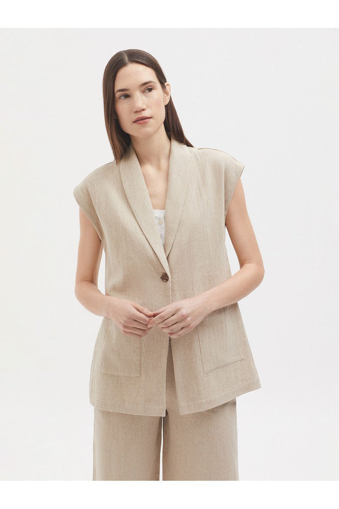 Natural Linen Gilet Light Stone worn with the matching Natural Linen Trouser