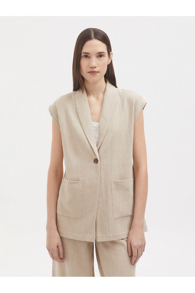 Natural Linen Gilet Light Stone worn with the matching Natural Linen Trouser