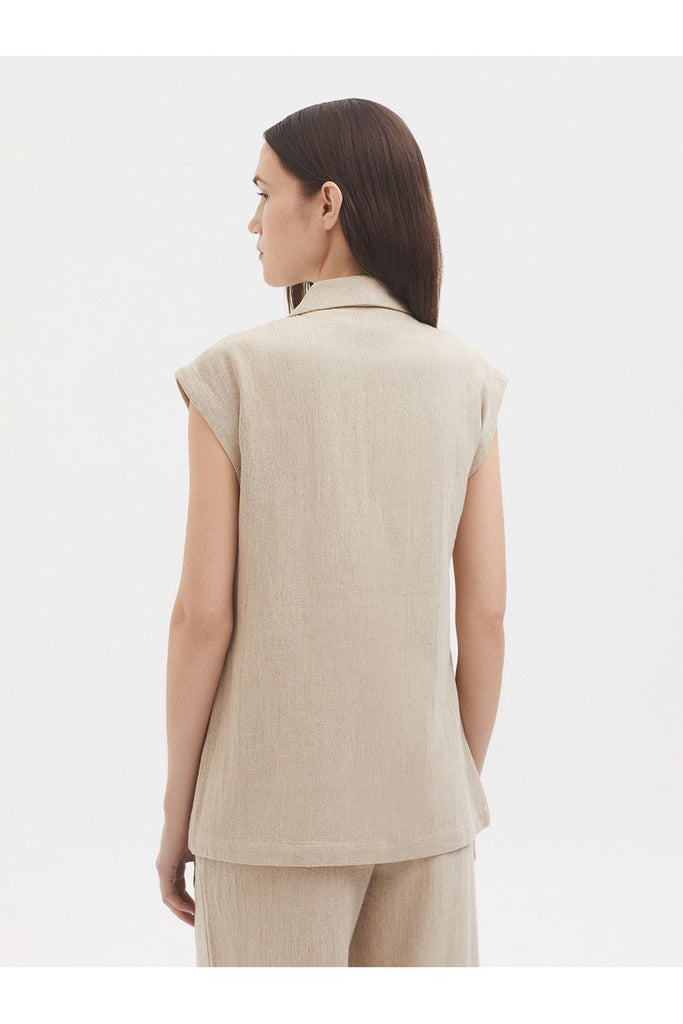 Natural Linen Gilet Light Stone worn with the matching Natural Linen Trouser