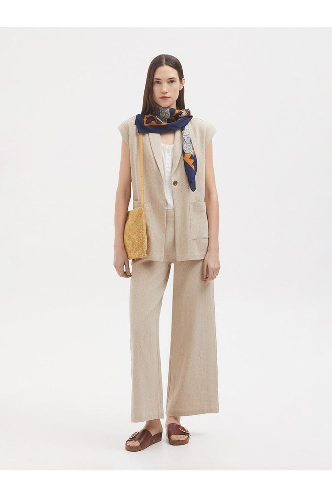 Natural Linen Gilet Light Stone worn with the matching Natural Linen Trouser