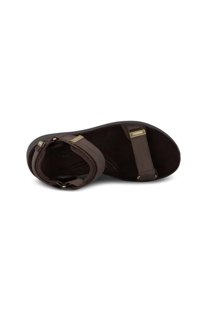 Brown sandal with gold accents on a white background. Woden Line Sandal in Chocolate.