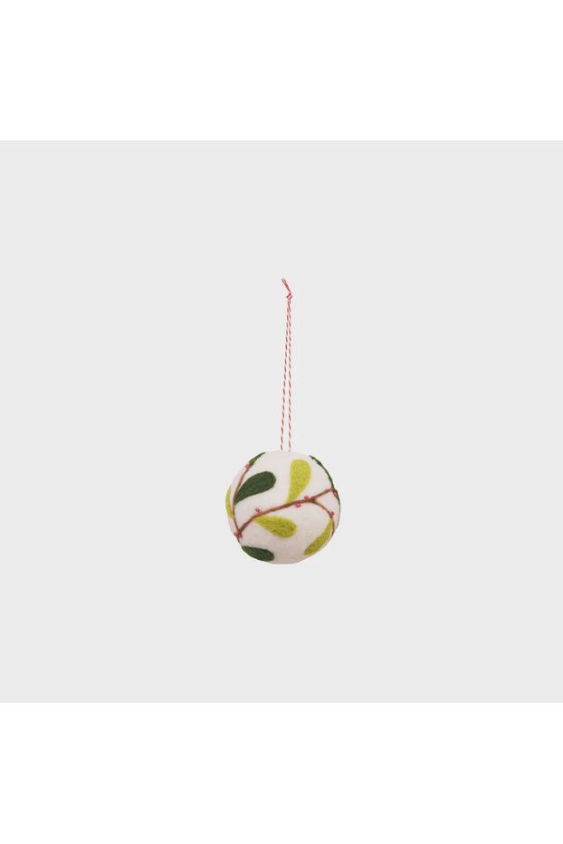 Hanging Felt Christmas Leafy Ball w Cream + Green Leaves Christmas Decorations May Time