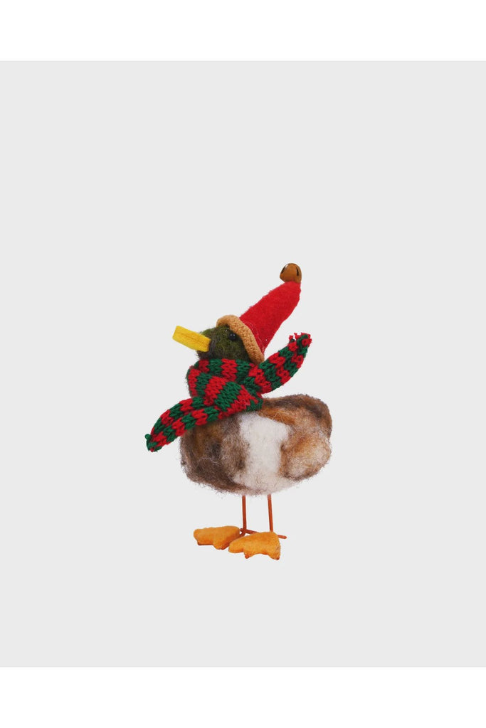 May Time | Felt Standing David Duck Handcrafted Christmas Decoration | Crisp Home + Wear. Duck figurine wearing a festive hat and green and red stripped scarf against a light grey background.