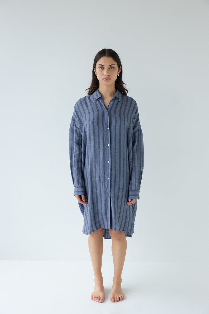 Woman wearing a blue striped shirt dress on a white background. Sophie Always Shirt dress in Denim Stripes.