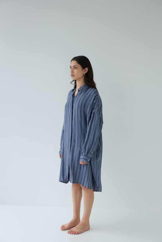 Woman wearing a blue striped shirt dress on a white background. Sophie Always Shirt dress in Denim Stripes.