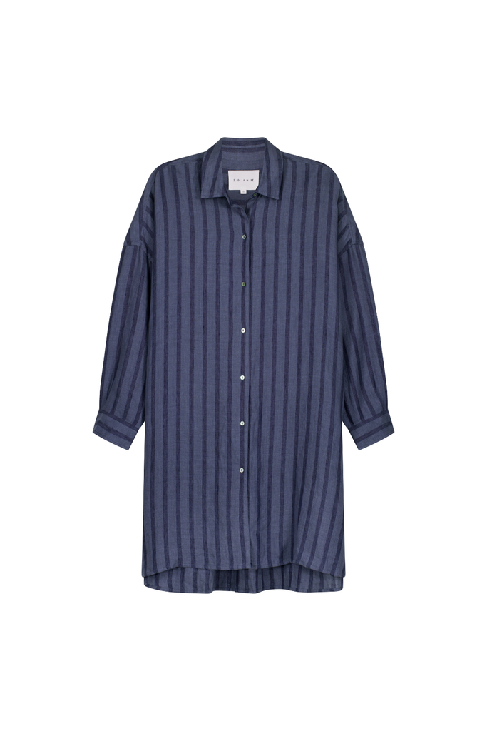 blue striped shirt dress on a white background. Sophie Always Shirt dress in Denim Stripes.